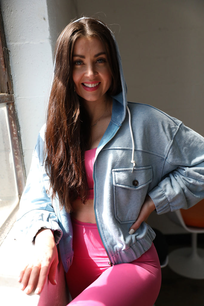 Cotton Candy Blue Crop Hoodie Jacket - UNLMTD Active + Lounge